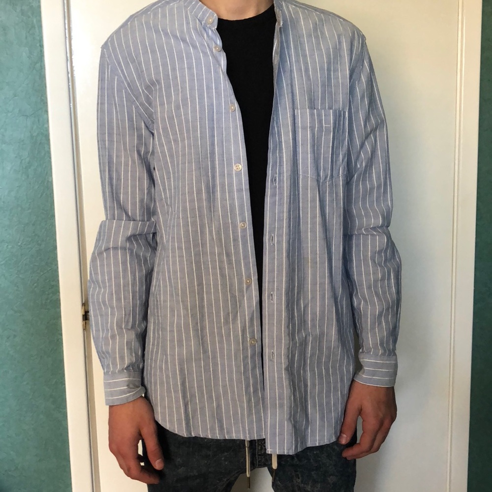 Your Neighbors blue and white stripe shirt